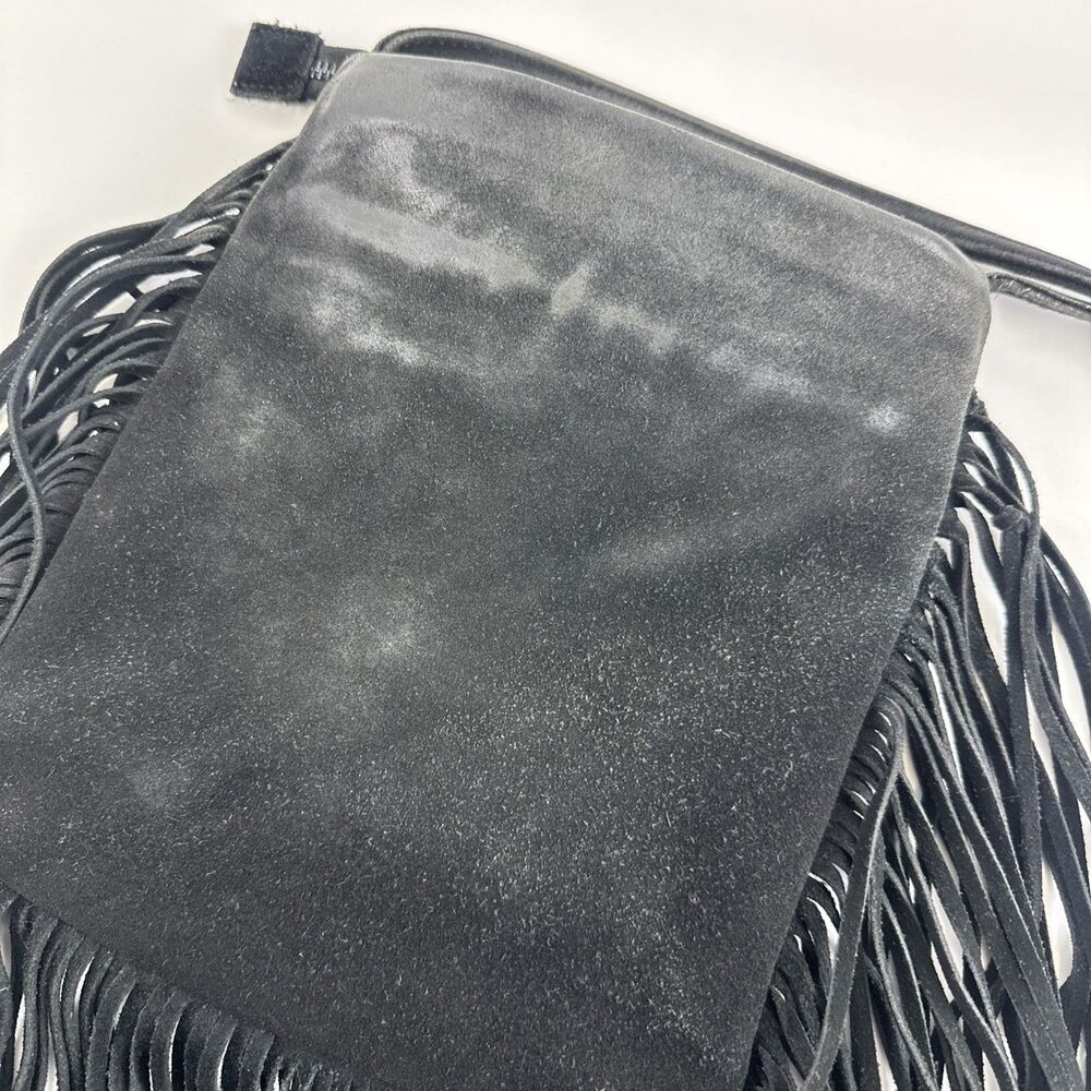 Monserat de Lucca Black Suede Fringe Trim Purse Crossbody Bag Zip Festival Boho - Picture 7 of 16